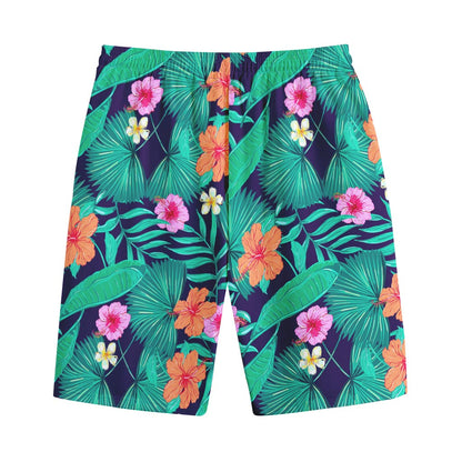 Teal Hawaiian Leaf Flower Pattern Print Cotton Shorts
