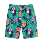 Teal Hawaiian Leaf Flower Pattern Print Cotton Shorts