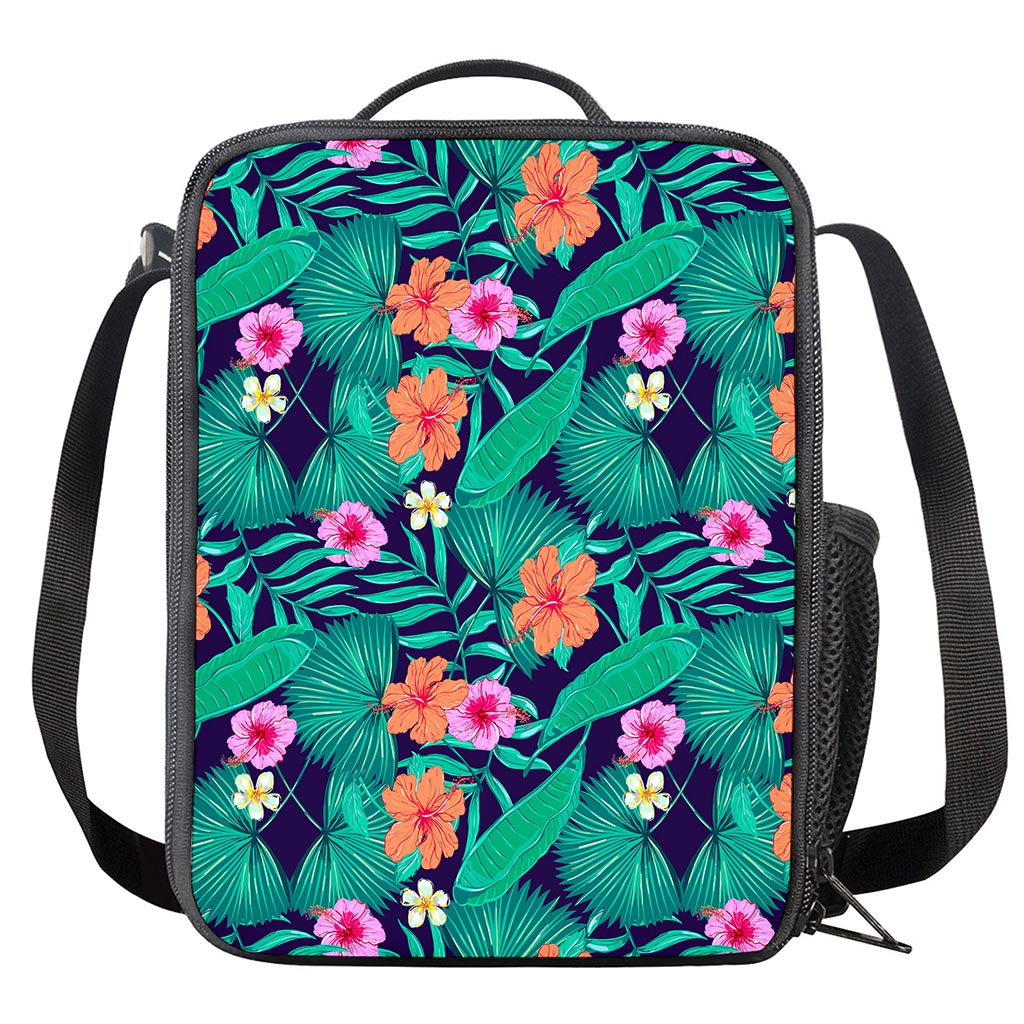 Teal Hawaiian Leaf Flower Pattern Print Crossbody Lunch Bag