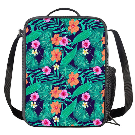 Teal Hawaiian Leaf Flower Pattern Print Crossbody Lunch Bag