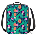 Teal Hawaiian Leaf Flower Pattern Print Crossbody Lunch Bag