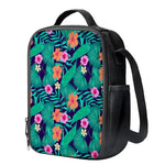 Teal Hawaiian Leaf Flower Pattern Print Crossbody Lunch Bag
