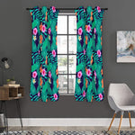 Teal Hawaiian Leaf Flower Pattern Print Curtain