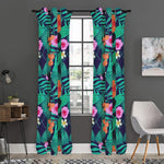 Teal Hawaiian Leaf Flower Pattern Print Curtain