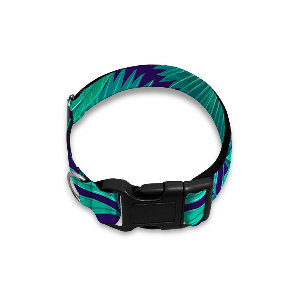 Teal Hawaiian Leaf Flower Pattern Print Dog Collar