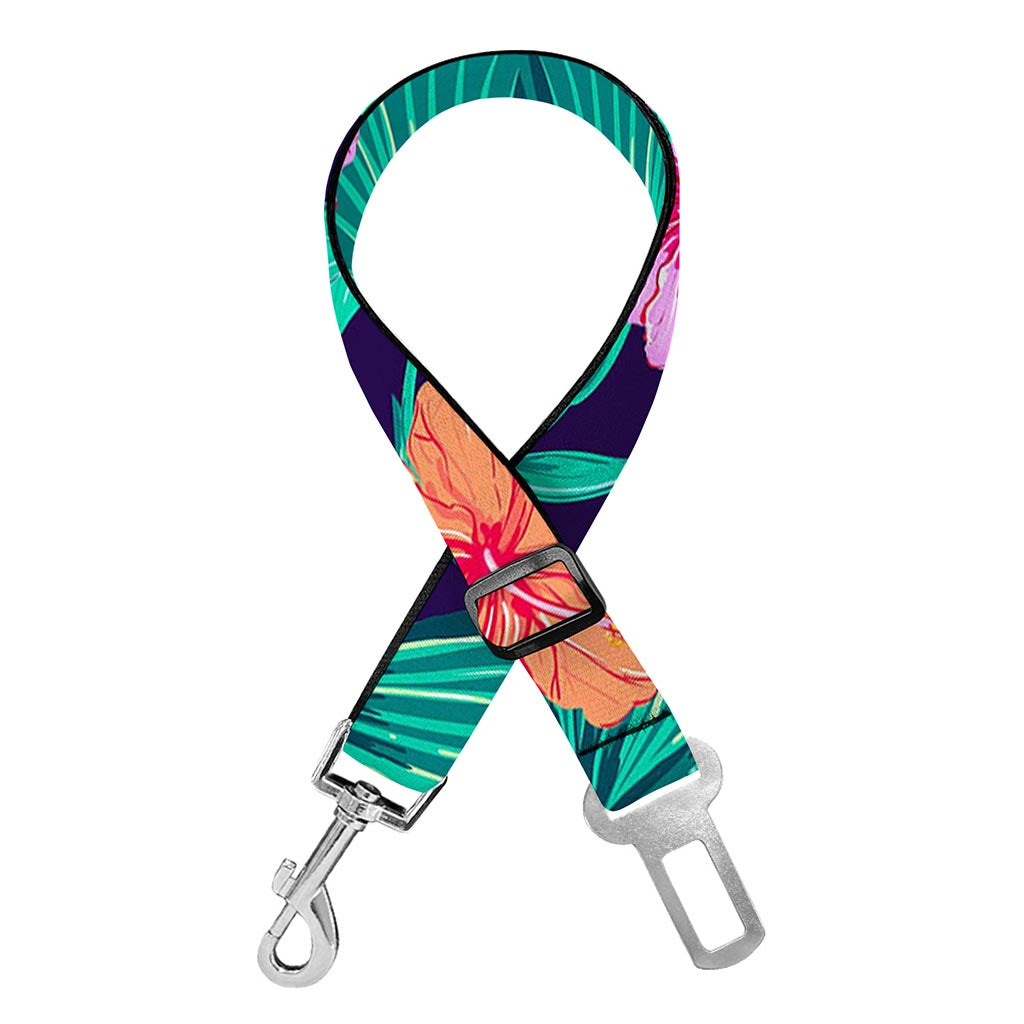 Teal Hawaiian Leaf Flower Pattern Print Dog Seat Belt