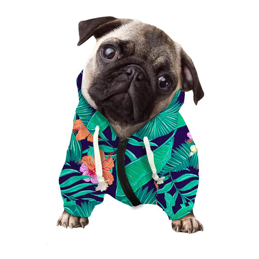 Teal Hawaiian Leaf Flower Pattern Print Dog Zip Up Hoodie