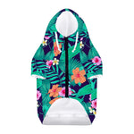 Teal Hawaiian Leaf Flower Pattern Print Dog Zip Up Hoodie