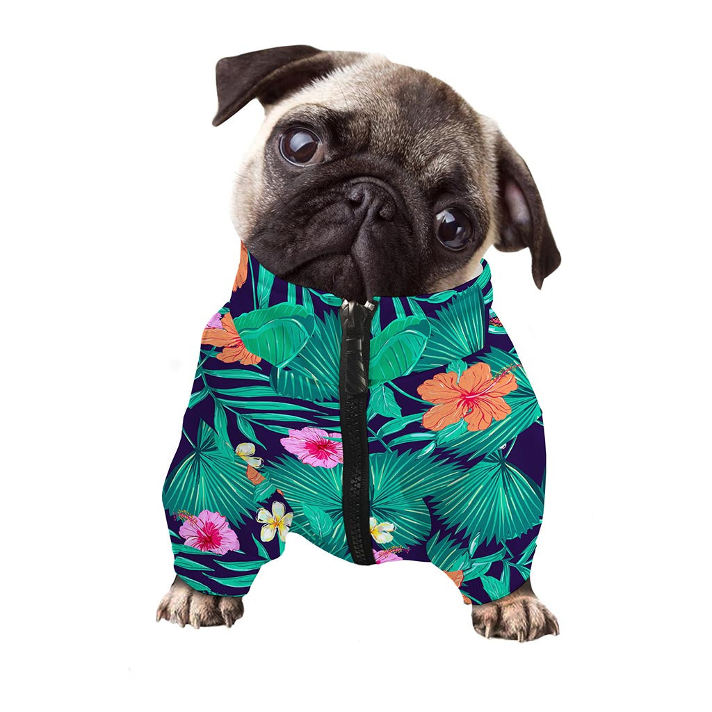 Teal Hawaiian Leaf Flower Pattern Print Dog Zip Up Jacket