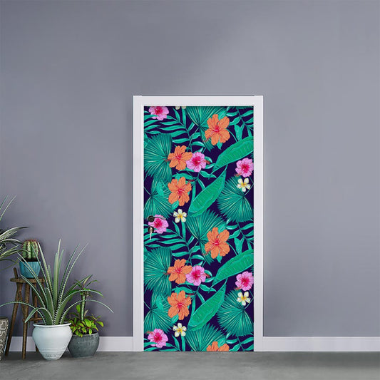 Teal Hawaiian Leaf Flower Pattern Print Door Sticker