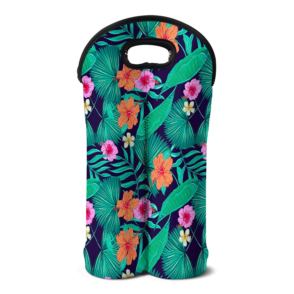Teal Hawaiian Leaf Flower Pattern Print Double Neoprene Wine Tote