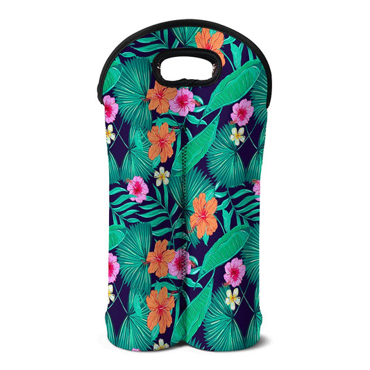 Teal Hawaiian Leaf Flower Pattern Print Double Neoprene Wine Tote