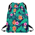 Teal Hawaiian Leaf Flower Pattern Print Drawstring Backpack