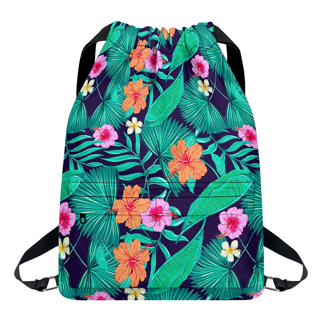 Teal Hawaiian Leaf Flower Pattern Print Drawstring Backpack