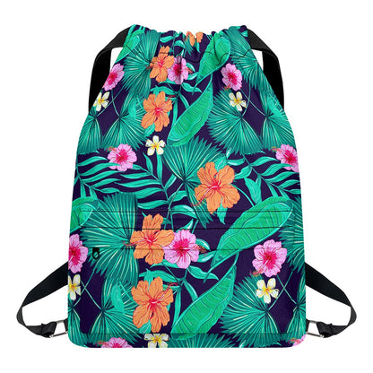 Teal Hawaiian Leaf Flower Pattern Print Drawstring Backpack