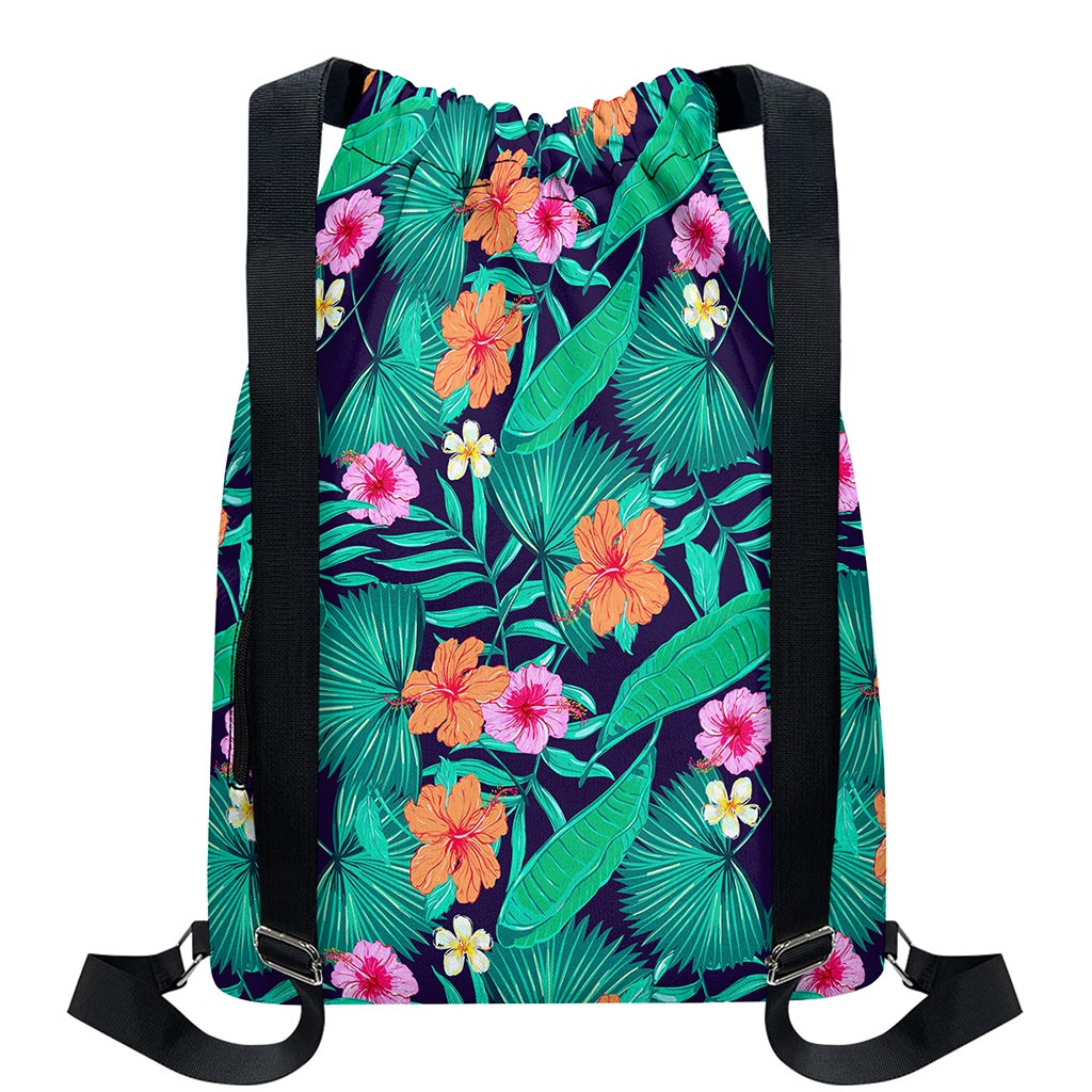 Teal Hawaiian Leaf Flower Pattern Print Drawstring Backpack