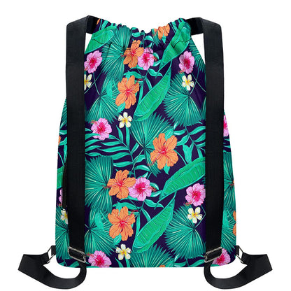 Teal Hawaiian Leaf Flower Pattern Print Drawstring Backpack