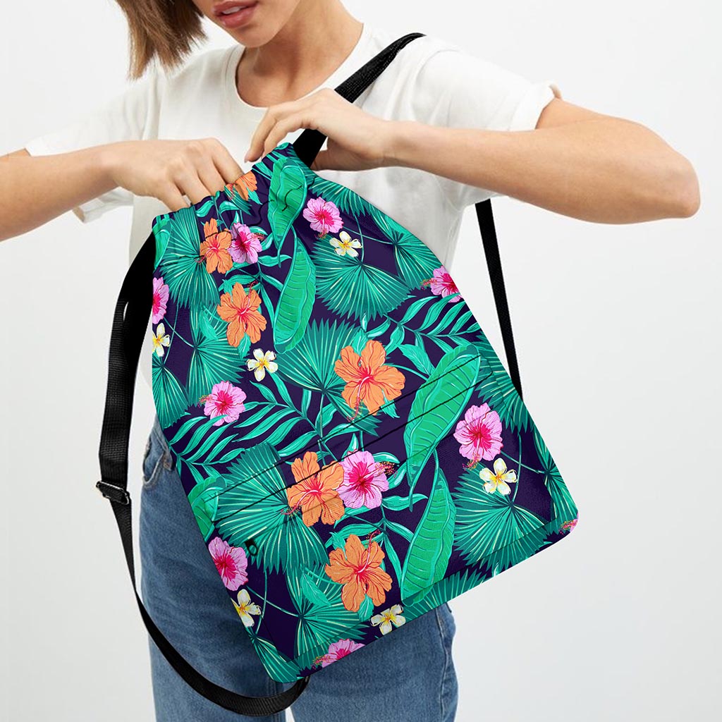 Teal Hawaiian Leaf Flower Pattern Print Drawstring Backpack