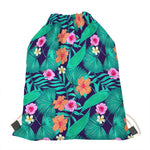 Teal Hawaiian Leaf Flower Pattern Print Drawstring Bag