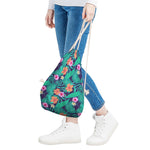 Teal Hawaiian Leaf Flower Pattern Print Drawstring Bag