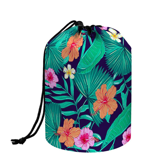 Teal Hawaiian Leaf Flower Pattern Print Drawstring Makeup Bag
