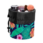 Teal Hawaiian Leaf Flower Pattern Print Drawstring Makeup Bag