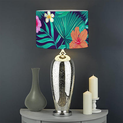 Teal Hawaiian Leaf Flower Pattern Print Drum Lamp Shade
