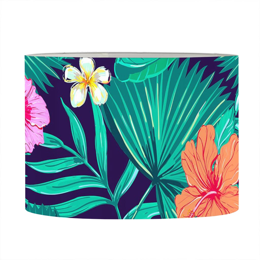 Teal Hawaiian Leaf Flower Pattern Print Drum Lamp Shade