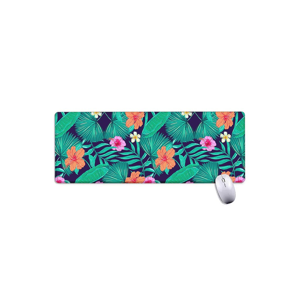 Teal Hawaiian Leaf Flower Pattern Print Extended Mouse Pad