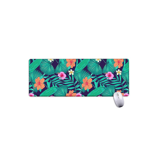 Teal Hawaiian Leaf Flower Pattern Print Extended Mouse Pad