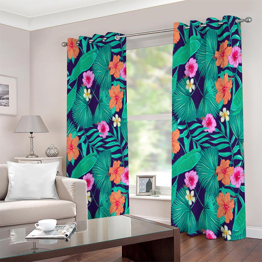 Teal Hawaiian Leaf Flower Pattern Print Extra Wide Grommet Curtains
