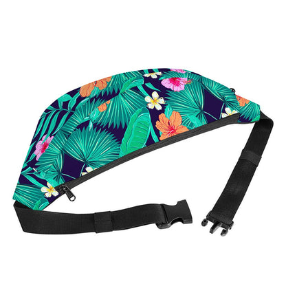 Teal Hawaiian Leaf Flower Pattern Print Fanny Pack