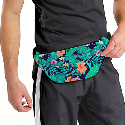 Teal Hawaiian Leaf Flower Pattern Print Fanny Pack