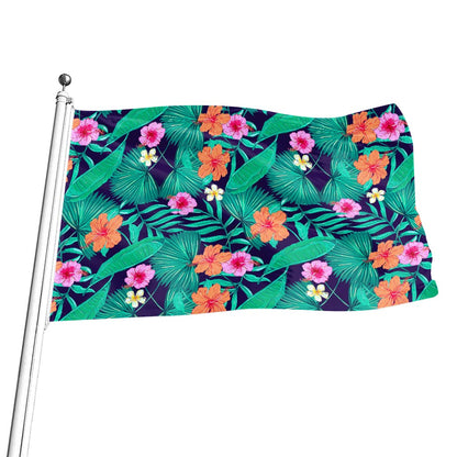 Teal Hawaiian Leaf Flower Pattern Print Flag