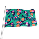 Teal Hawaiian Leaf Flower Pattern Print Flag