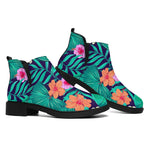 Teal Hawaiian Leaf Flower Pattern Print Flat Ankle Boots