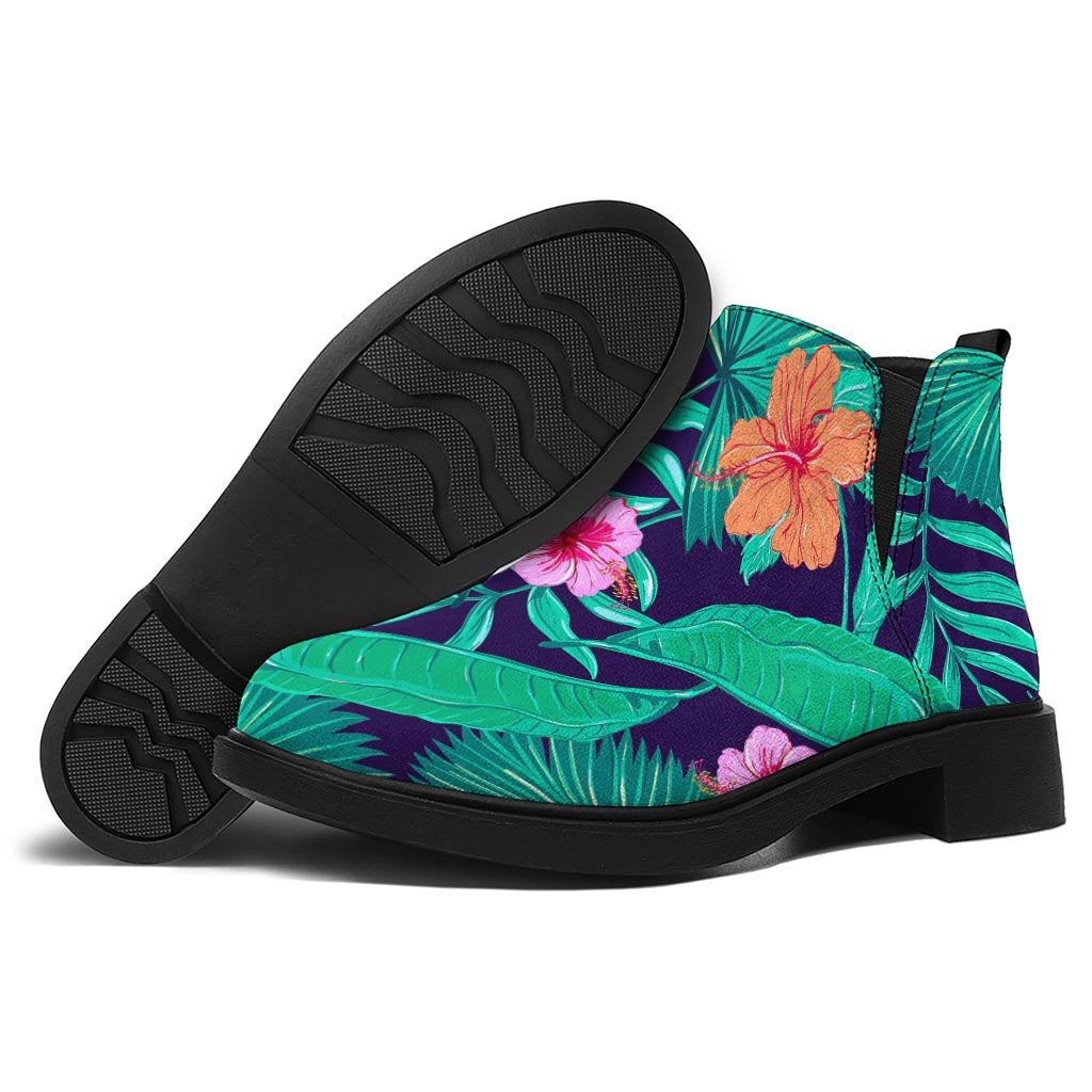 Teal Hawaiian Leaf Flower Pattern Print Flat Ankle Boots