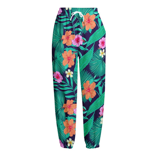 Teal Hawaiian Leaf Flower Pattern Print Fleece Lined Knit Pants