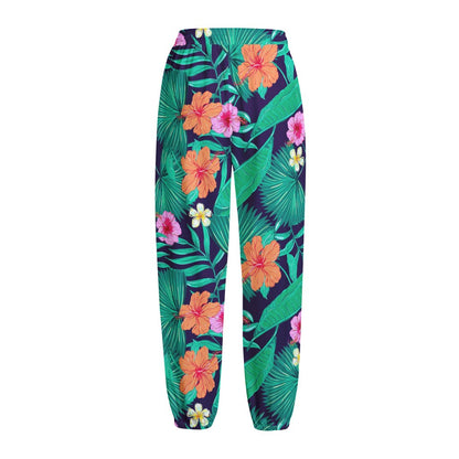 Teal Hawaiian Leaf Flower Pattern Print Fleece Lined Knit Pants