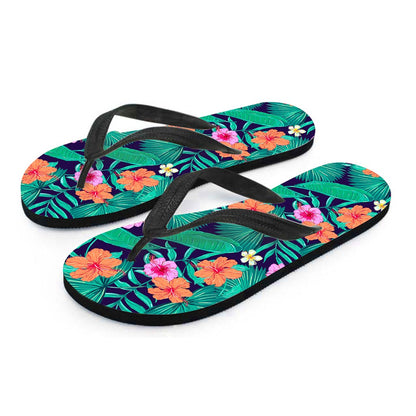 Teal Hawaiian Leaf Flower Pattern Print Flip Flops