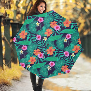 Teal Hawaiian Leaf Flower Pattern Print Foldable Umbrella