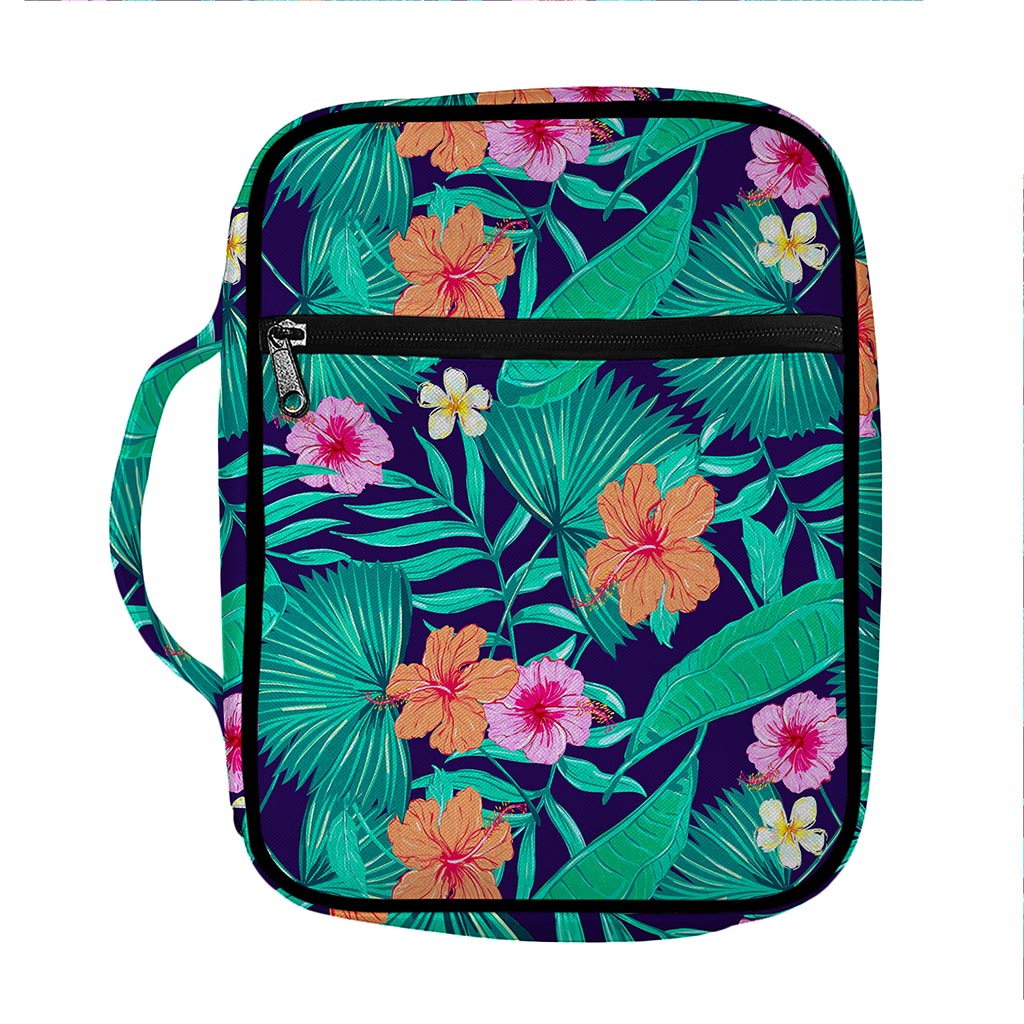 Teal Hawaiian Leaf Flower Pattern Print Front Pocket Bible Bag