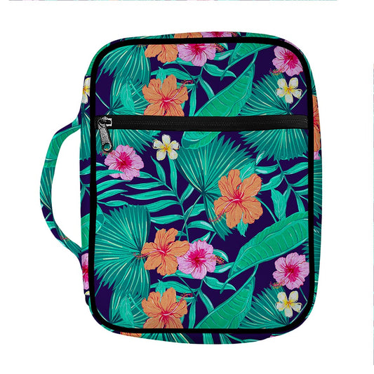 Teal Hawaiian Leaf Flower Pattern Print Front Pocket Bible Bag