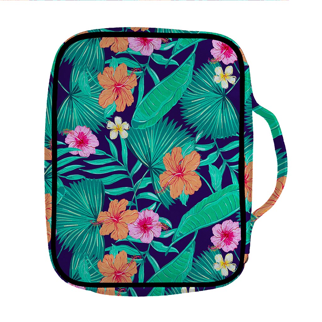 Teal Hawaiian Leaf Flower Pattern Print Front Pocket Bible Bag