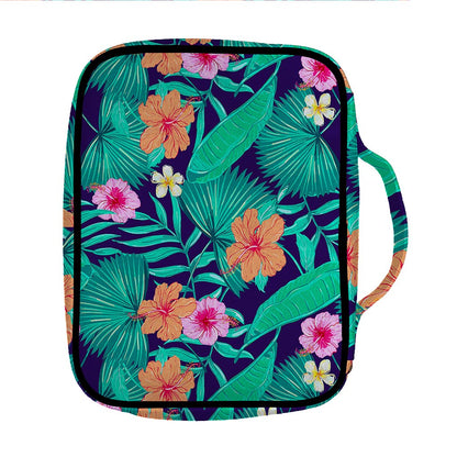 Teal Hawaiian Leaf Flower Pattern Print Front Pocket Bible Bag