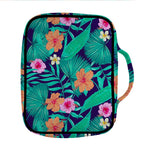 Teal Hawaiian Leaf Flower Pattern Print Front Pocket Bible Bag
