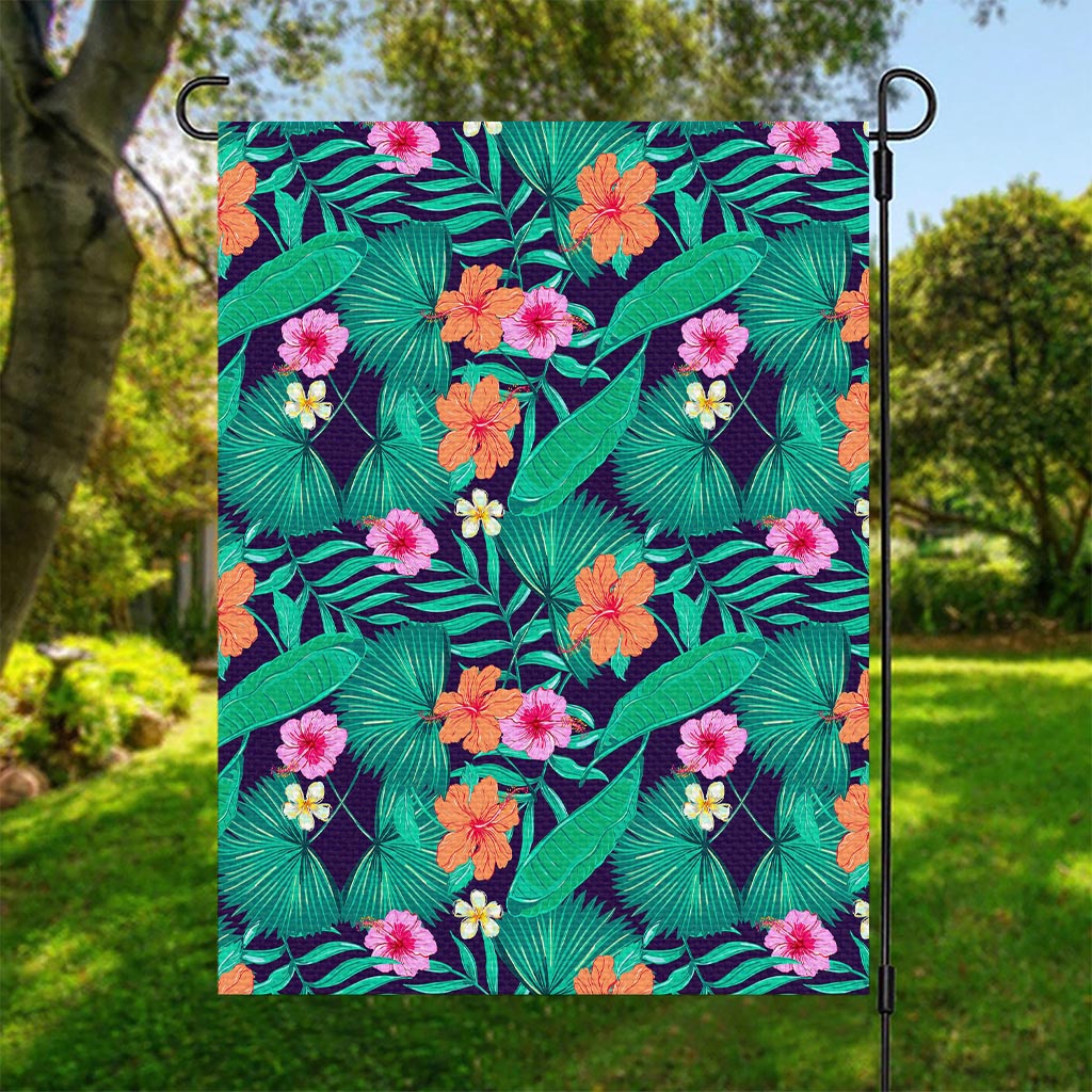 Teal Hawaiian Leaf Flower Pattern Print Garden Flag