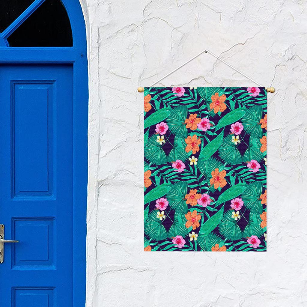Teal Hawaiian Leaf Flower Pattern Print Garden Flag