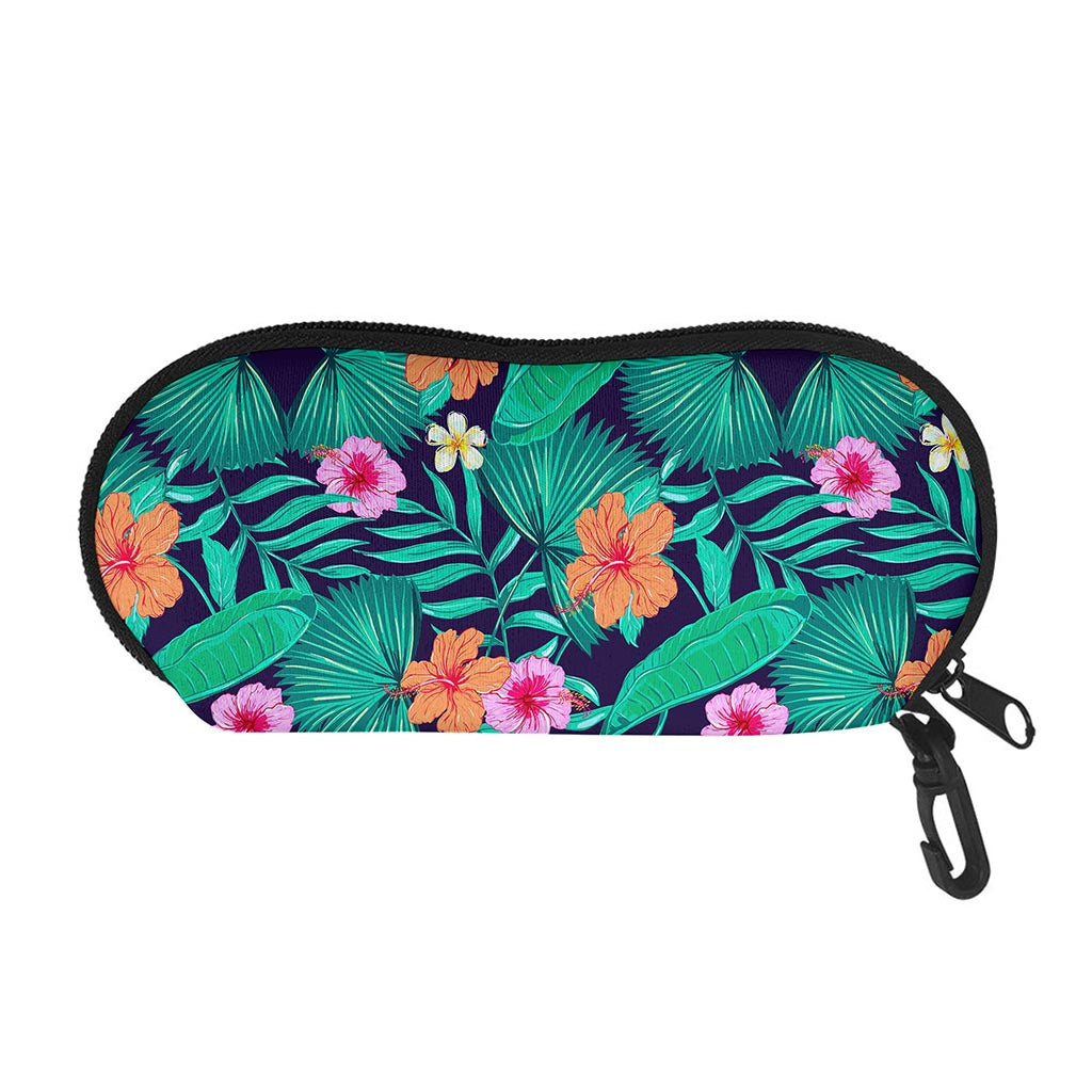 Teal Hawaiian Leaf Flower Pattern Print Glasses Case