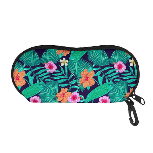 Teal Hawaiian Leaf Flower Pattern Print Glasses Case